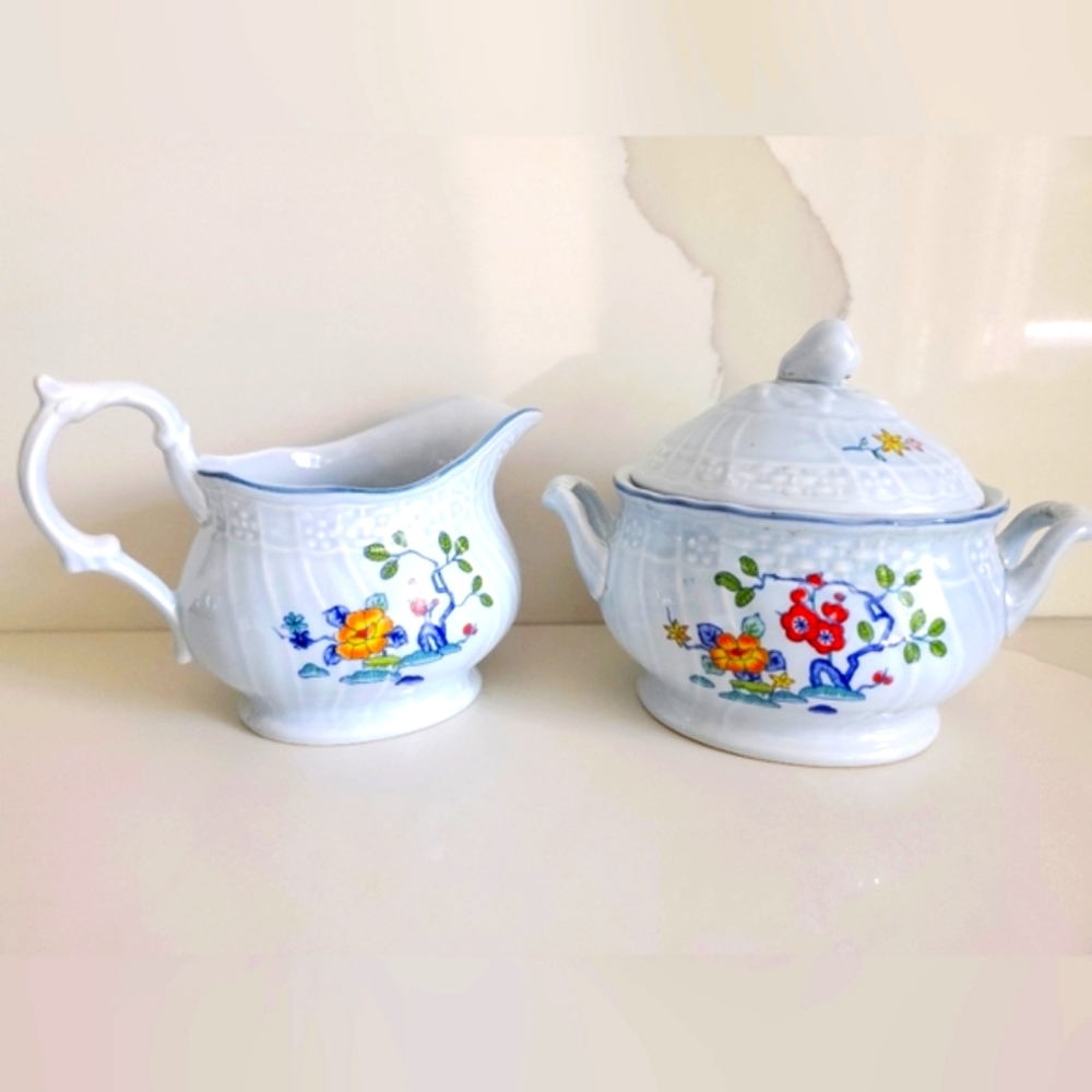 MIKASA Precious Blue Floral Pattern Porcelain Coffee Creamer & Sugar Server Set